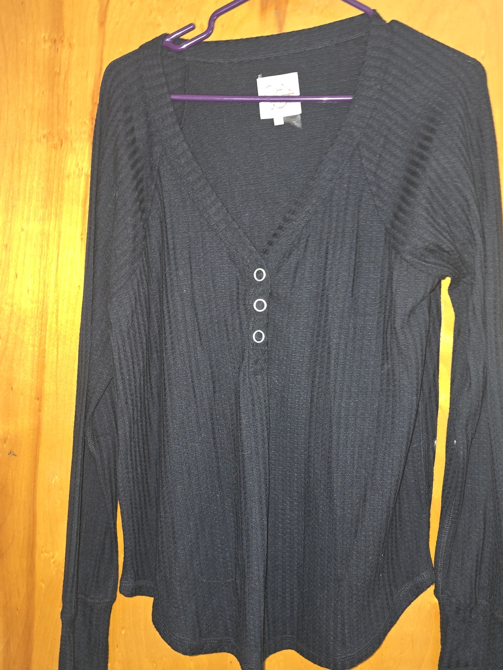 Chaser Black Ribbed V-Neck Long Sleeve Top with Button Accents